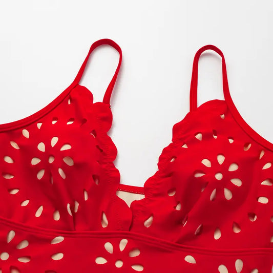 Women's Laser Cut Dotted One-Piece Swimsuit and Matching Cover Skirt Set